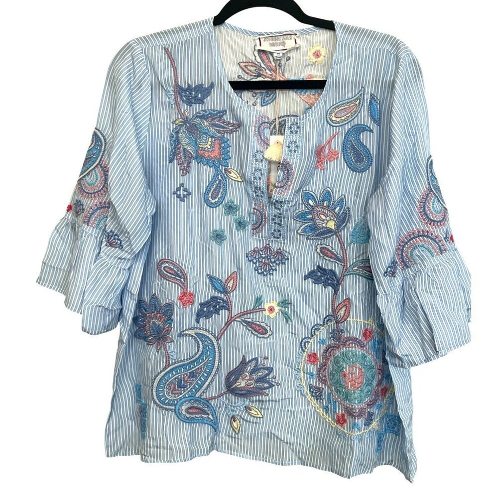 Johnny Was Blue Striped Embroidered Floral Tunic Blouse Petite Medium